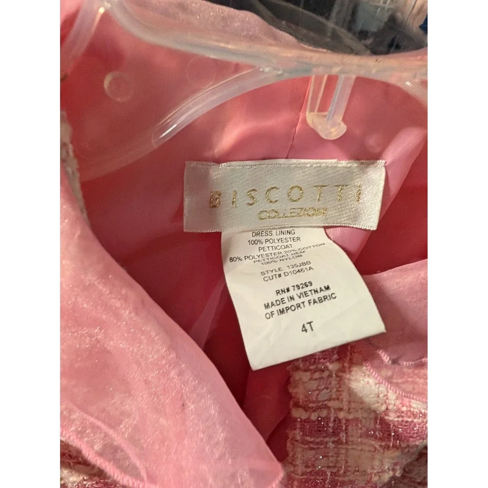 Biscotti Collezione Girls Pink White Tweed Plaid Ruffle Rosette Coat Dress 4T